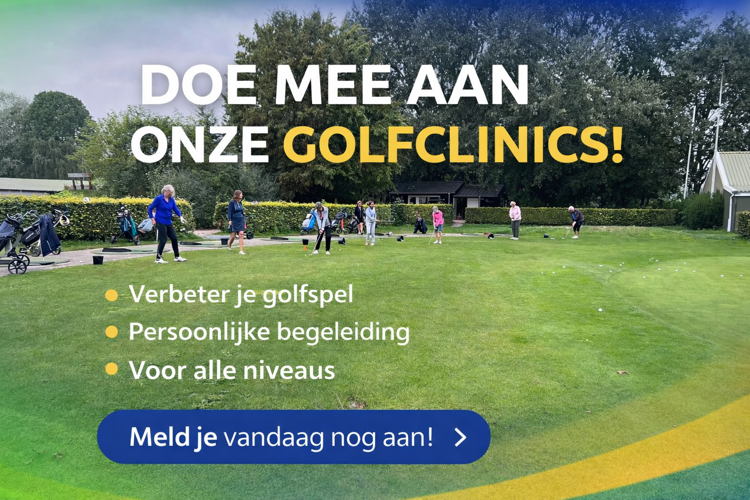 Groep golfers van verschillende leeftijden oefent op de driving range tijdens een golfclinic, waarbij ze werken aan hun swing en techniek onder begeleiding van een instructeur, in een groene en rustige golfomgeving.